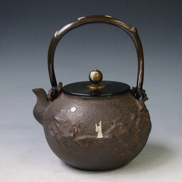 hn2749　日本梅泉写 高士観月図鉄瓶 般若勘渓作 約1.5L【日本製・証明書付き】【海外対応可】
