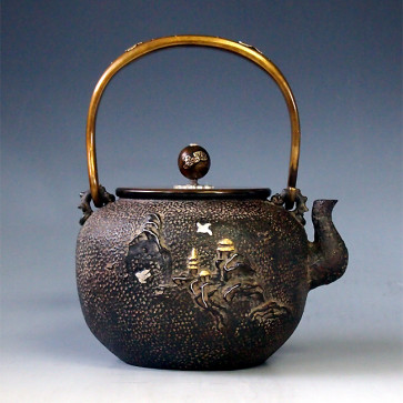 tb99 亀文堂写 日の丸型波千鳥鉄瓶 本体に金銀象嵌入 摘み・