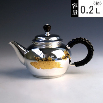 uk104bk-L 純銀製 烏龍茶急須（大）みがき 黒檀摘み 古代雲鳳彫金 金彩仕上げ 純銀保証 銀瓶 約0.2L 【日本製・証明書付き】