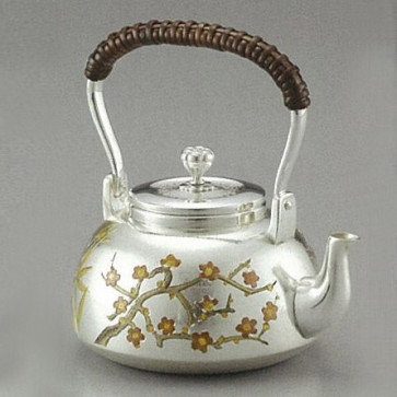 obg-n024, 大淵光則 純銀 急須 松竹梅 並型 3.3寸 つる付き 純銀 銀瓶【日本製・証明書付き】