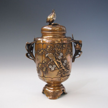 dk3,雷鳥蓋花鳥香炉 正晴堂作 【 高岡銅器 】