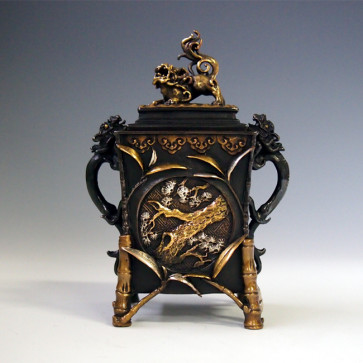 dk8,角型松竹梅香炉 二上元威作 【 高岡銅器 】