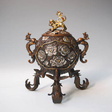 dk9,玉型吉祥花鳥香炉 正晴作 【 高岡銅器 】