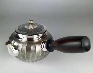 obg-n021, 大淵光則 純銀 急須 光彩 立筋 3寸 金古美仕上 シルバーティーポット【日本製・証明書付き】 