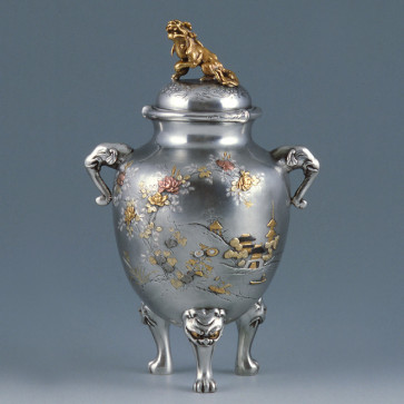 sk53-16, 獅子摘み山水香炉　銀香炉