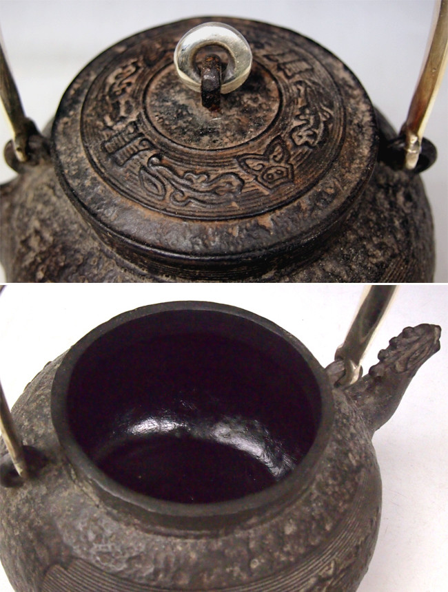 tb10a 金寿堂写 トウテツ紋鉄瓶 純銀摘み、純銀弦 約0.7L【日本製