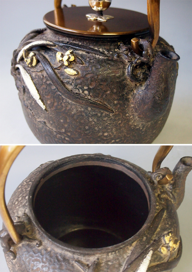 tb125 亀文堂写 蘭蟹鉄瓶 本体に金銀象嵌入り 座：銀 弦に銀象嵌入り