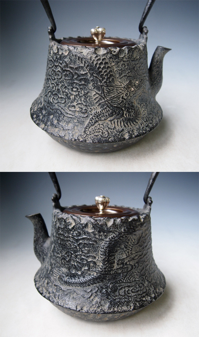 tb145 龍文堂写 富士形雲龍文鉄瓶 本体に銀象嵌入り 摘み・座：銀 鉄壺
