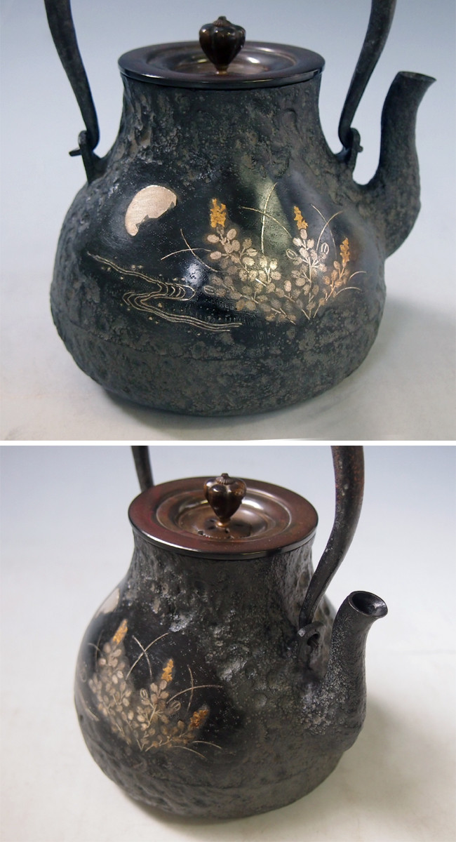 tb15 龍文堂写 秋草文金銀象嵌鉄瓶 本体に金銀象嵌入 約1.0L【日本製