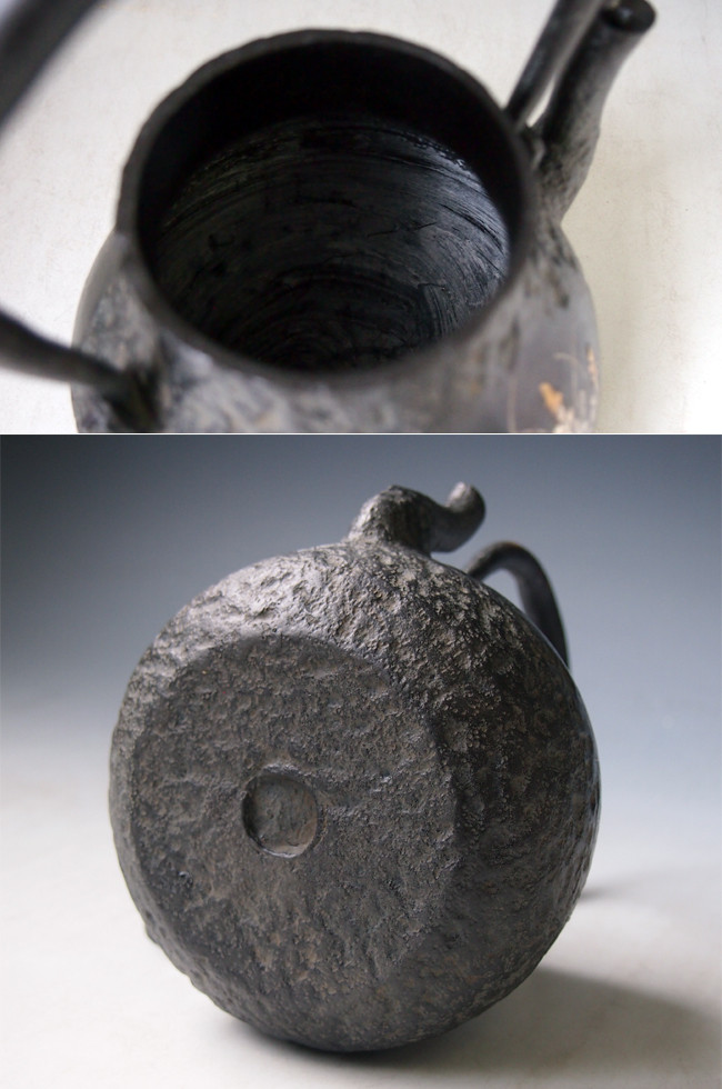 tb15 龍文堂写 秋草文金銀象嵌鉄瓶 本体に金銀象嵌入 約1.0L【日本製