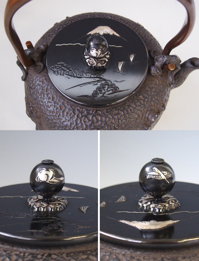 整*屋様 アンティーク品　茶器　鉄瓶　骨董品 tb16a （特製）亀文堂写 丸形月下波千鳥文鉄瓶 本体・蓋・摘み・弦に銀