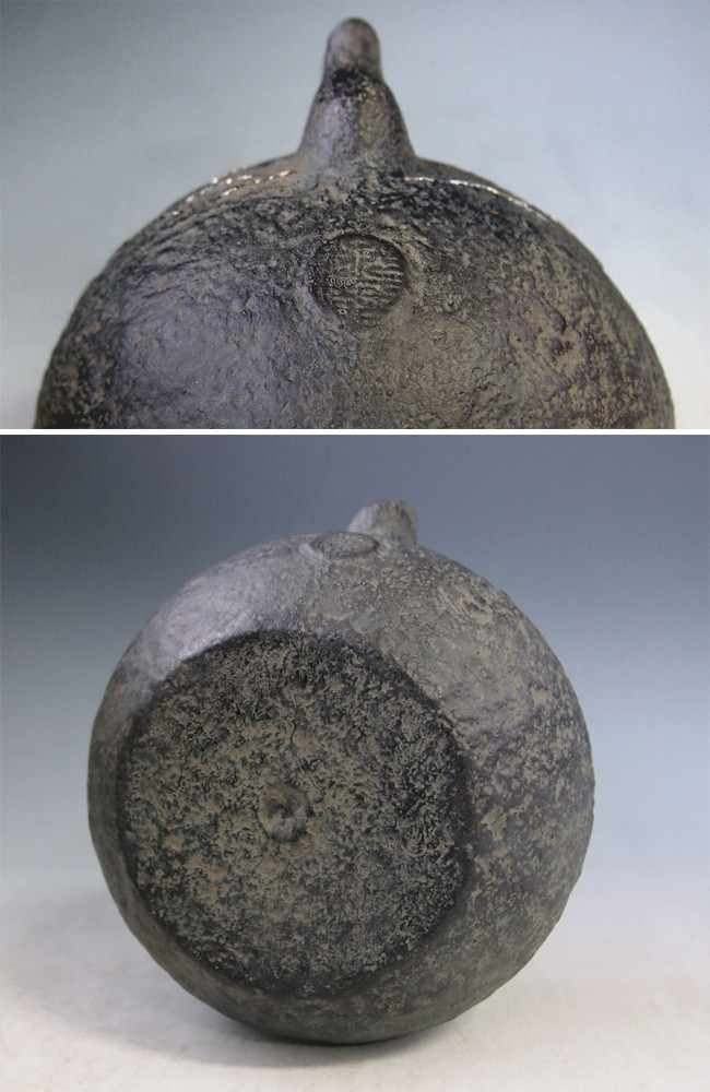 tb179 光玉堂写 平丸波千鳥鉄瓶 本体に白金・金貼り 鉄壺 約1.2L【日本