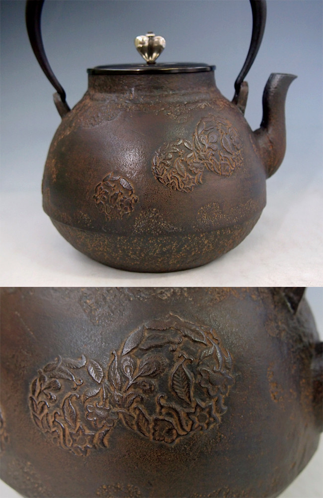 tb186 龍文堂写 花丸紋鉄瓶 摘み：座：銀彩 鉄壺 約1.2L【日本製・証明