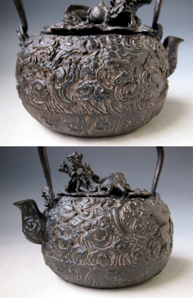 tb207 上田写 丸形雲龍文鉄瓶 龍蓋 鉄壺 約1.2L【日本製・証明書