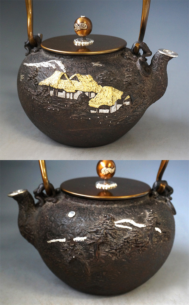 tb215, 亀文堂写 田舎山水鉄瓶 本体に金銀象嵌入 弦・摘みに銀象嵌入