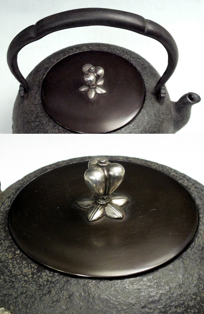 tb48 龍文堂写 富士象嵌入鉄瓶 銀摘み 本体に銀象嵌入り 約1.4L