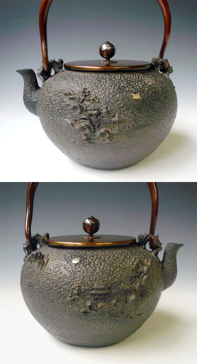 tb49 亀文堂写 月下波千鳥平丸鉄瓶（大） 本体、弦、摘みに銀象嵌入 約