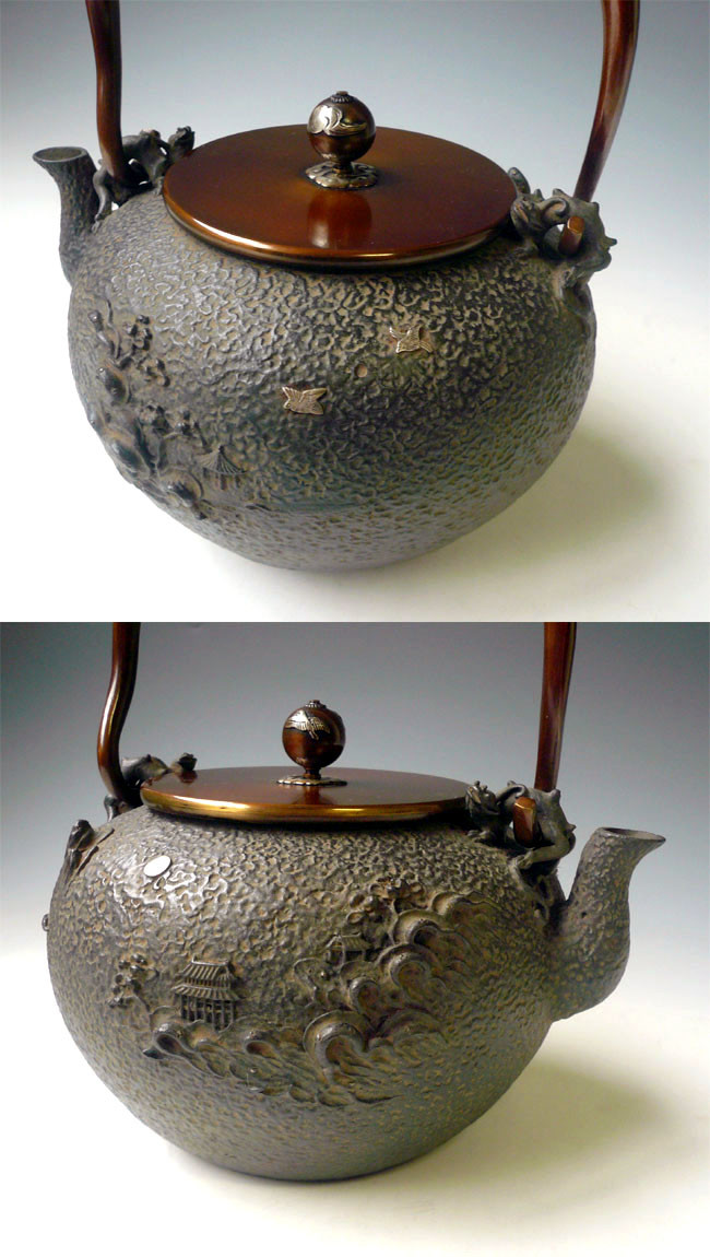 tb49 亀文堂写 月下波千鳥平丸鉄瓶（大） 本体、弦、摘みに銀象嵌入 約