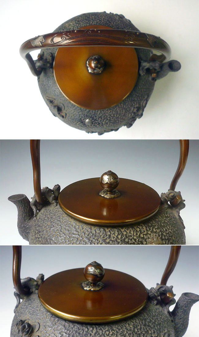 tb49 亀文堂写 月下波千鳥平丸鉄瓶（大） 本体、弦、摘みに銀象嵌入 約