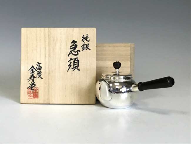 yk9, 純銀製 横手急須（小）鎚目打 黒檀摘み 黒檀柄 純銀保証 銀瓶 約