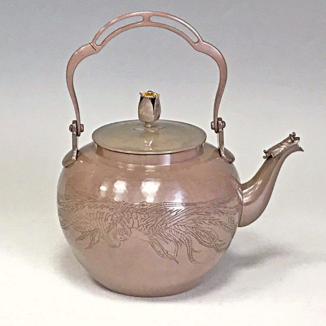 純銀製 花彫 湯沸 銀瓶 煎茶道具 純銀 霰銀瓶 湯沸【茶道具からき】京都から全国に販売、通販,買取