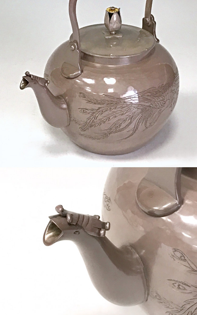 yw109, 純銀製 湯沸 鳳凰彫金 煮色仕上げ 鳴り金付き 伊藤一政堂作