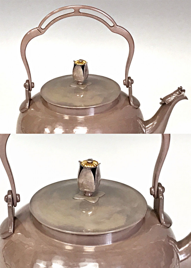 純銀製 槌目岩肌 八面取湯沸 三連環貴石摘 鳴付 煎茶 純銀保証 銀瓶 やかん 純銀製 槌目岩肌 八面取湯沸 三連環貴石摘 鳴付