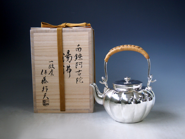 yw22, 純銀湯沸 南鐐阿古陀形 伊藤一政堂作 約0.6L 純銀保証