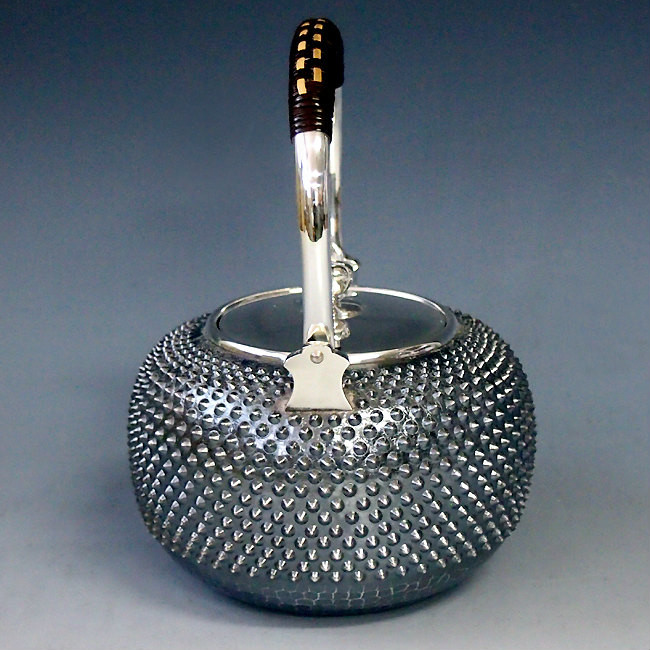 yw6 純銀製 湯沸 4.5寸 霰打 純銀保証 銀瓶 約1.0L【日本製・証明書付き】