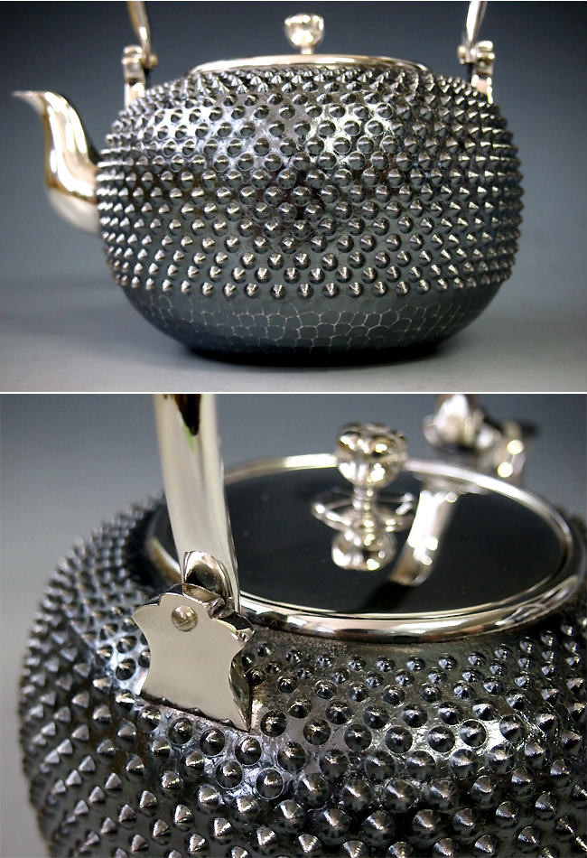 yw6 純銀製 湯沸 4.5寸 霰打 純銀保証 銀瓶 約1.0L【日本製・証明書付き】