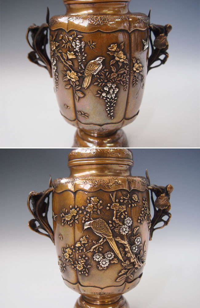 dk3,雷鳥蓋花鳥香炉 正晴堂作 【 高岡銅器 】