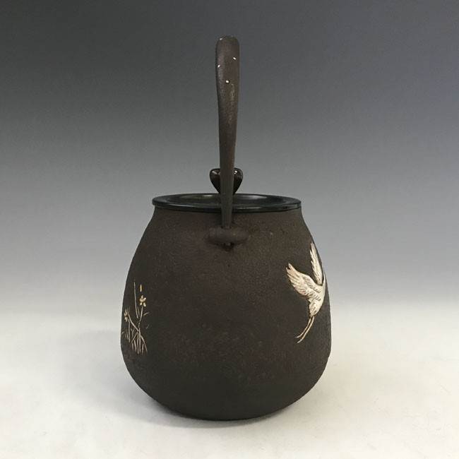 hn2729c, 龍文堂写 松鶴象嵌長閑形鉄瓶 般若勘渓作 約0.8L