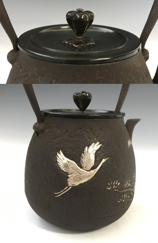 hn2729c, 龍文堂写 松鶴象嵌長閑形鉄瓶 般若勘渓作 約0.8L