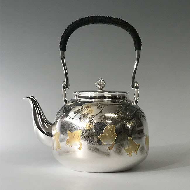 obg-n126, 大淵光則 純銀 湯沸 4.5寸 鶏 R型 約1.1L 純銀 銀瓶