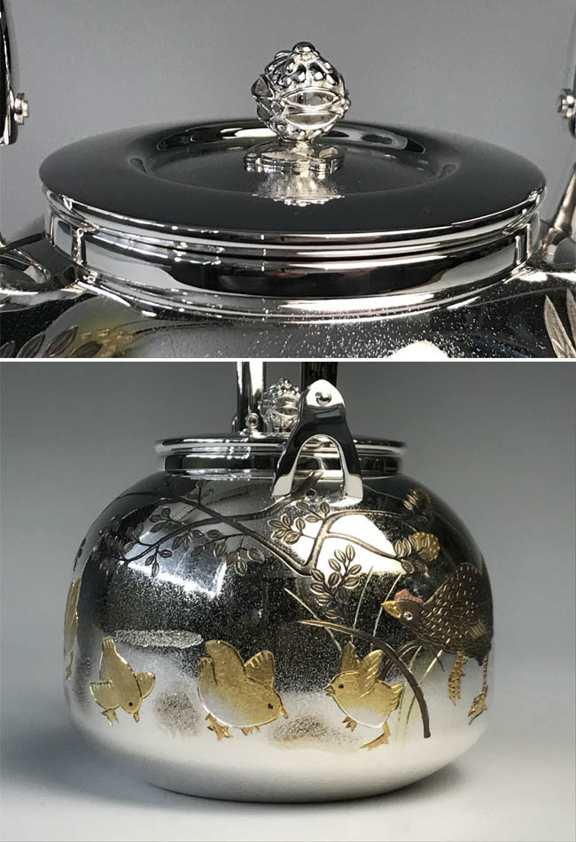 【銀製品】霰潰しの銀瓶 obg-n539, 大淵光則 純銀 湯沸 富士桜 蓋桜彫金 R型 5寸 純銀 銀