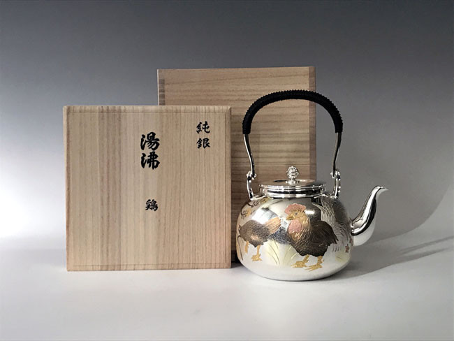 obg-n126, 大淵光則 純銀 湯沸 4.5寸 鶏 R型 約1.1L 純銀 銀瓶