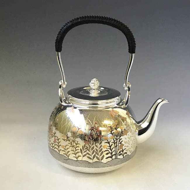 obg-n140, 大淵光則 純銀 湯沸 4.5寸 秋草に蝶 R型 純銀 銀瓶【日本製
