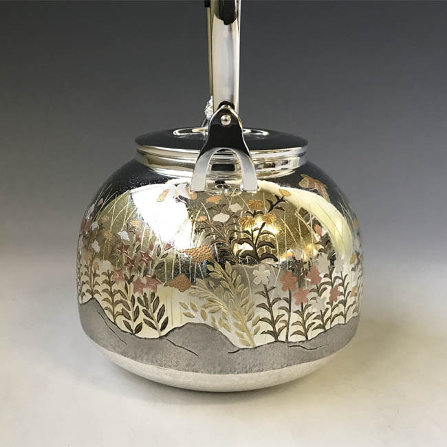 obg-n140, 大淵光則 純銀 湯沸 4.5寸 秋草に蝶 R型 純銀 銀瓶【日本製