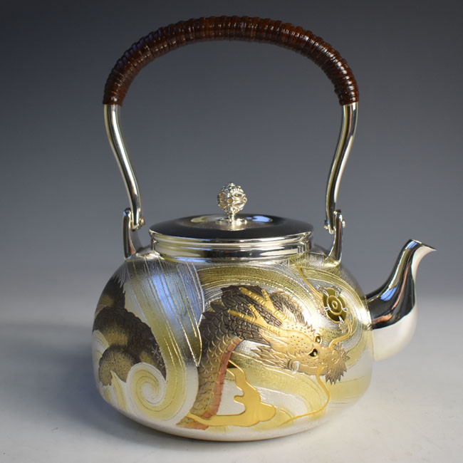 obg-n145, 大淵光則 純銀 湯沸 龍 4.5寸 並型 純銀 銀瓶【日本