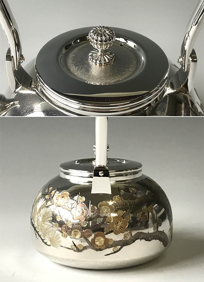 純銀製 松竹梅 光則作 約139g obg-n506 大淵光則 純銀 湯沸 松竹梅 並型 4.5寸 純銀 銀瓶【日本製