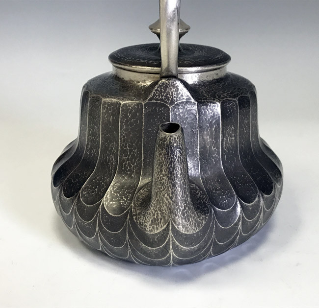 obg-n512, 大淵光則 純銀 湯沸 耳口打出 船形 5.3寸 約1.4L 純銀銀瓶