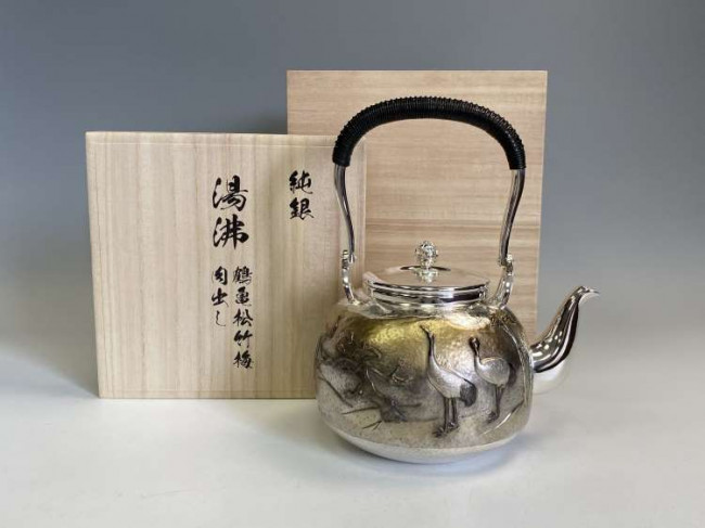obg-n545, 大淵光則 純銀 湯沸 鶴亀松竹梅 肉出し R型 5寸 純銀 銀瓶