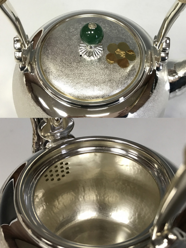 ogk-06823 純銀製 湯沸 4.5寸 梨地梅打紋銀瓶 翡翠摘み 純銀保証