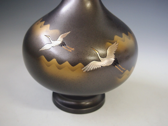 花瓶/福丸形 双鶴 銀梨地 花器 銅製 桐箱入り k1