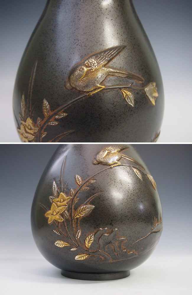 花瓶/ダルマ形花鳥 花器 銅製 桐箱入り k2