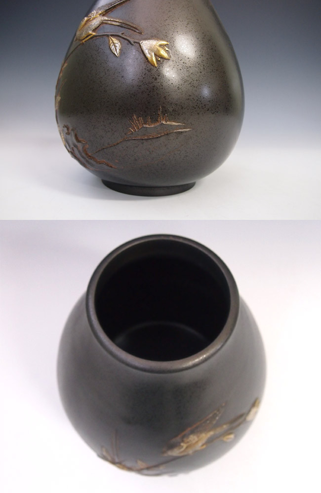 花瓶/ダルマ形花鳥 花器 銅製 桐箱入り k2