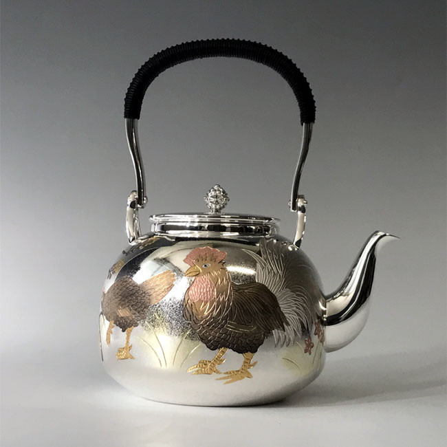 obg-n126, 大淵光則 純銀 湯沸 4.5寸 鶏 R型 約1.1L 純銀 銀瓶