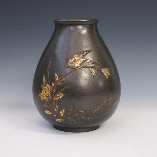 花瓶/ダルマ形花鳥 花器 銅製 桐箱入り k2