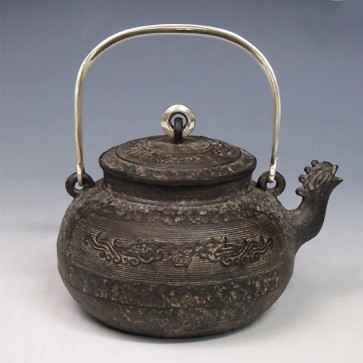 No.tb10a, Kinjyudo iron kettle(teakettle) replica , design is Taotie motif ,  silver handle and knob, made in Japan, nearly 0.7L