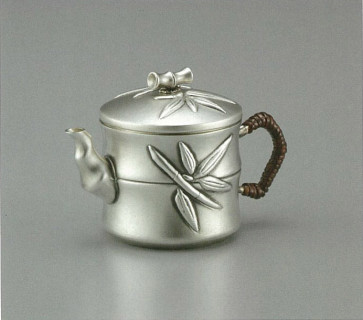 No.obg-n009, silver teapot with bamboo shape and pattern, grey color, approximately 0.1L, Mitsunori Oobuchi